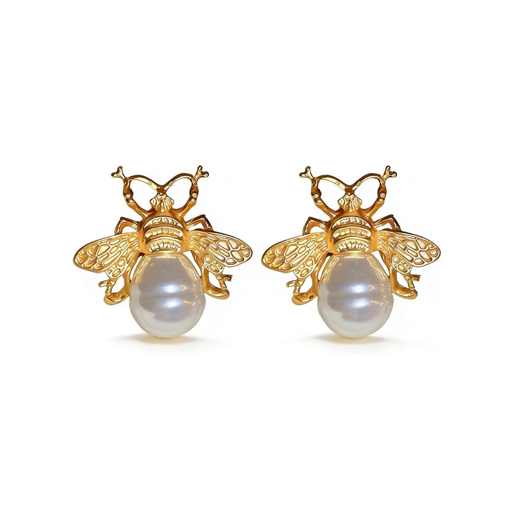 New! 14K Gold Plated Bee Pearl Earrings